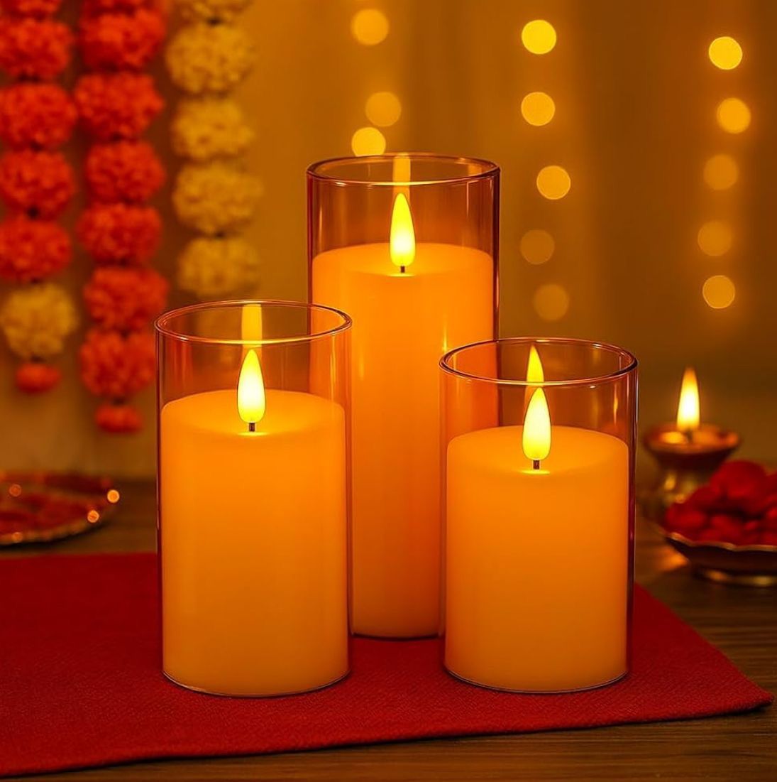 Set of 5 Flameless LED Votive Candles with Glass Holder – Battery Operated Light for Home, Festival &amp; Decoration
